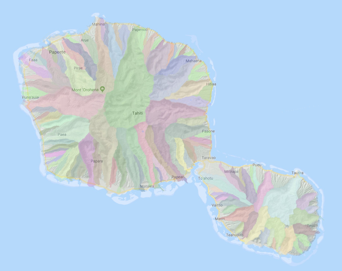 Bassins versants de Tahiti sur fond de carte Google Maps